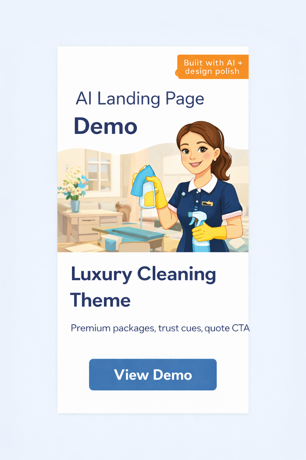 AI landing page demo graphic for a luxury cleaning theme