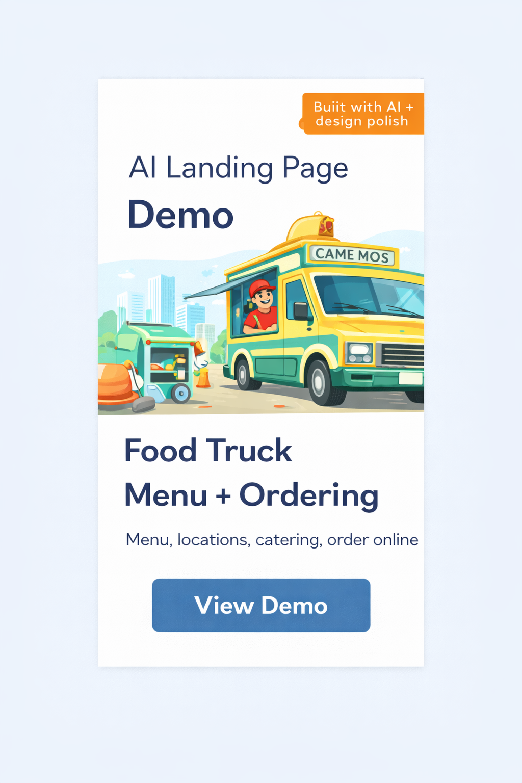 AI landing page demo graphic for a food truck menu and ordering page