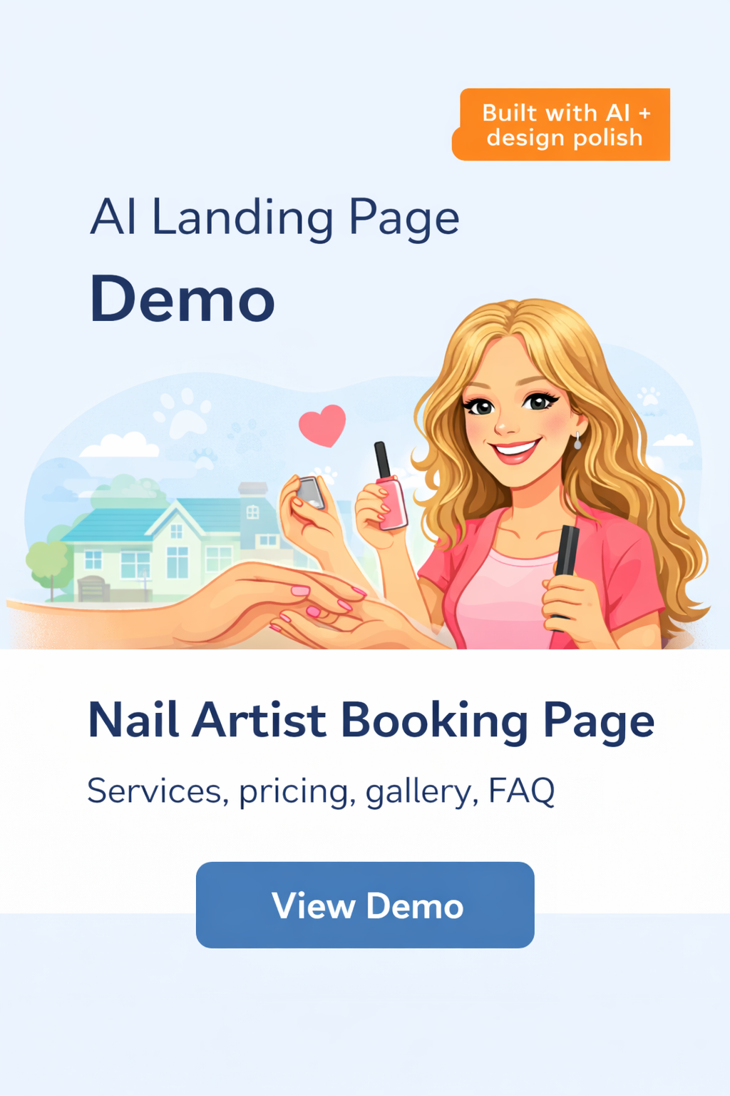 AI landing page demo graphic for a nail artist booking page